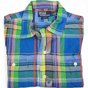 Polo Ralph Lauren Shirt Mens Large Plaid Camp Madras Classic Tribal Trim Accent